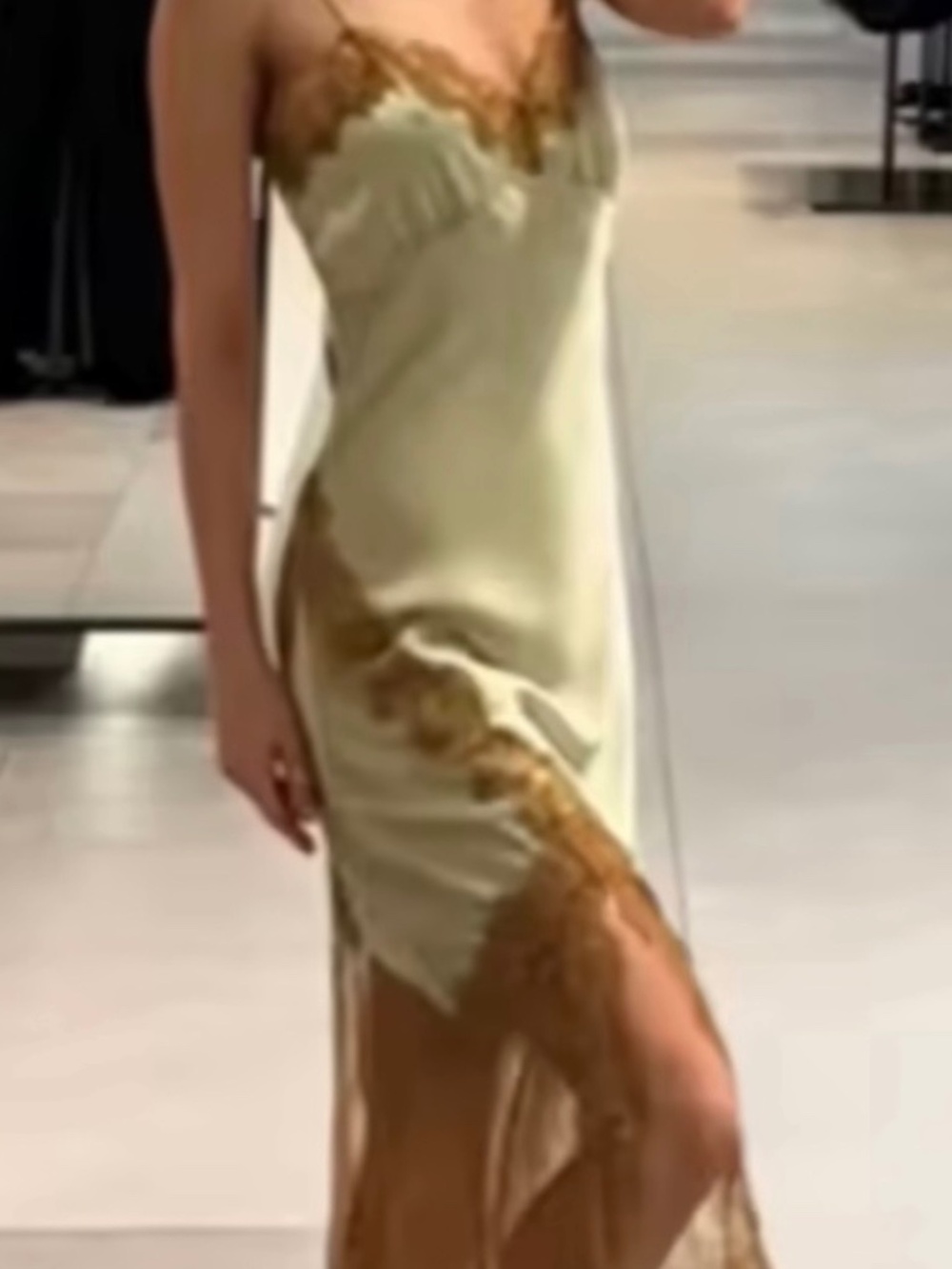Zara Silk-Feel Satin Lace Trim Slip Dress in Sea Green and Brown